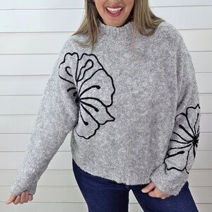 The Back Forty Boutique Gray XL Plush 3D Floral Cropped Mock Neck Sweater